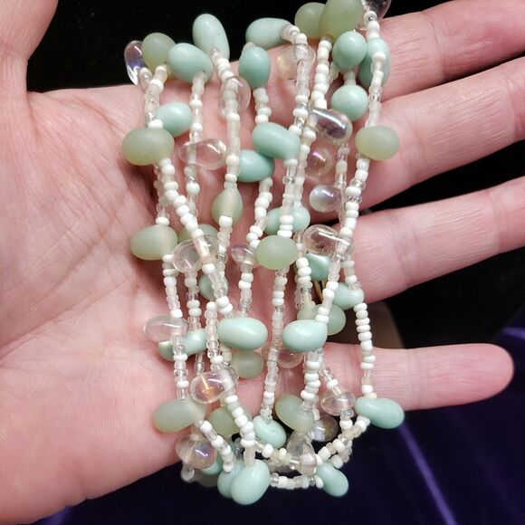 5 Layer Necklace Mint Green & Iridescent Clear Jellybean Shaped & Seed Beads - Picture 5 of 11